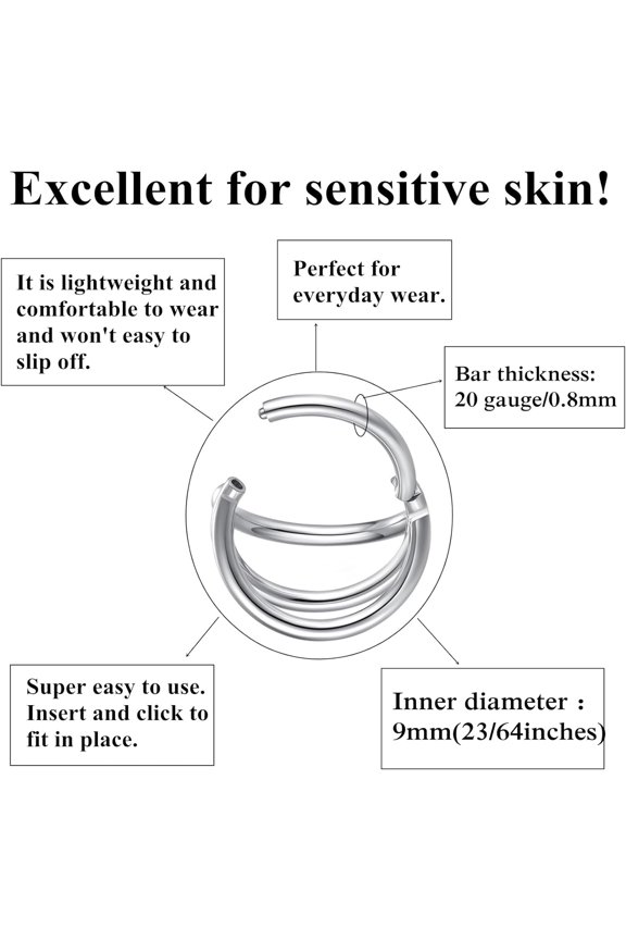 GHRTGR-Hinge Triple Hoop Nose Ring 316L Surgical Steel Segment Rings Seamless Hinged Cartilage Helix Rook Tragus Conch Clicker Ear Earring Piercing Lip Ring 16G 18G 20G