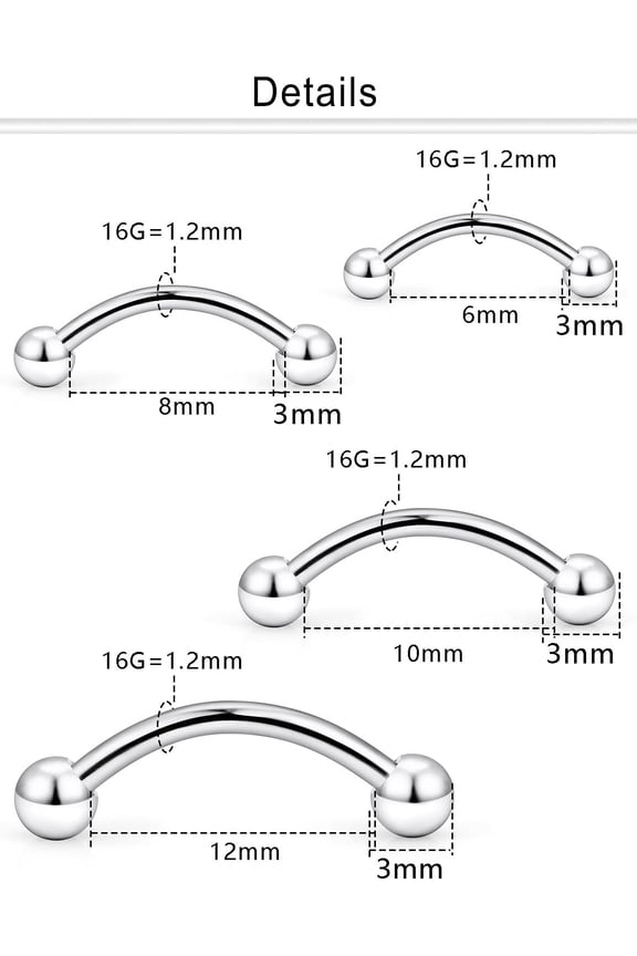 GHRTGR-Internally Threaded Eyebrow Piercing Jewelry Titanium Curved Barbell Tiny Eyebrow Ring Vertical Labret Lip Jewelry Ear Rook Small Belly Button Ring for Women Men 16g 6mm/8mm/10mm/12mm