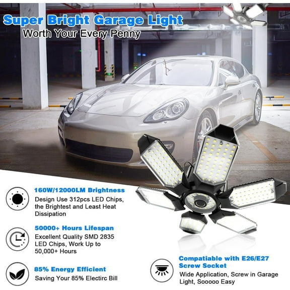 GHRTGR-LED Garage Light - 160W LED Garage Ceiling Lights 16000LM Super Bright Garage Lighting with 6 Deformable Panels E26/E27 Screw in Led Shop Lights for Basement Workshop Warehouse Attic