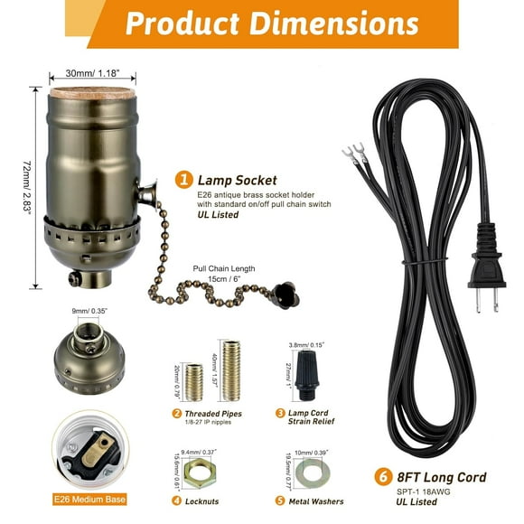 GHRTGR-Lamp Repair Socket Kit,Pull chain ON/OFF switch Socket for DIY Lamp with 8 feet Matching Cord and Essential Hardware, Table Lamp Rewiring Kit for Vintage Lamps or DIY Lighting Fixtures (Antiqu