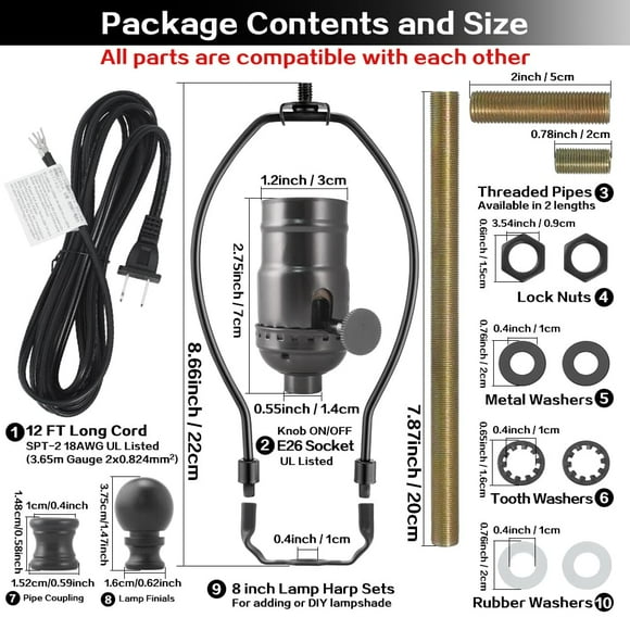 GHRTGR-Lamp Rewire Kit Make a Lamp Repair Kits E26 Light Socket Matching Cord Wire Harp Making Supplies Set Lamp Wiring Kit for Table Floor Lamp with All Parts Needed for DIY Lamp Design - Black