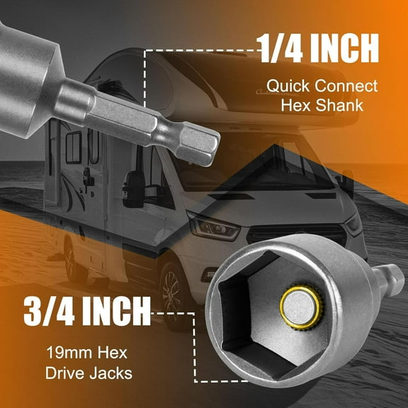GHRTGR-Leveling Scissor rv-Jacks Socket Drill Adapter with 1/4 Quick Connect Hex Shank Tools, Works with All 3/4 or 19mm Hex Drive Jacks,Power Nut Driver Bit Set 2 Pieces (Normal)