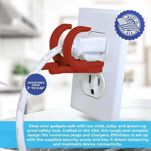 GHRTGR-Lock Socket Adjustable Outlet Lock RED- Anti Theft Child-Safe Outlet Lock to Secure 2 or 3 Pronged Plugs & Adaptors. Secure Lock for Most Cords, Includes Security Screw & Allen Wrench. Made in