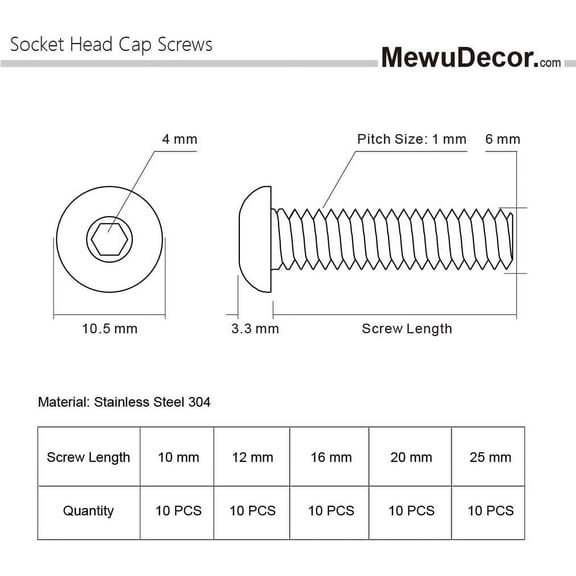 GHRTGR-M6 x 10mm/12mm/16mm/20mm/25mm Button Head Socket Cap Screws Bolt Assortment, 304 Stainless Steel 18-8, Bright Finish, Fully Threaded, 50 PCS