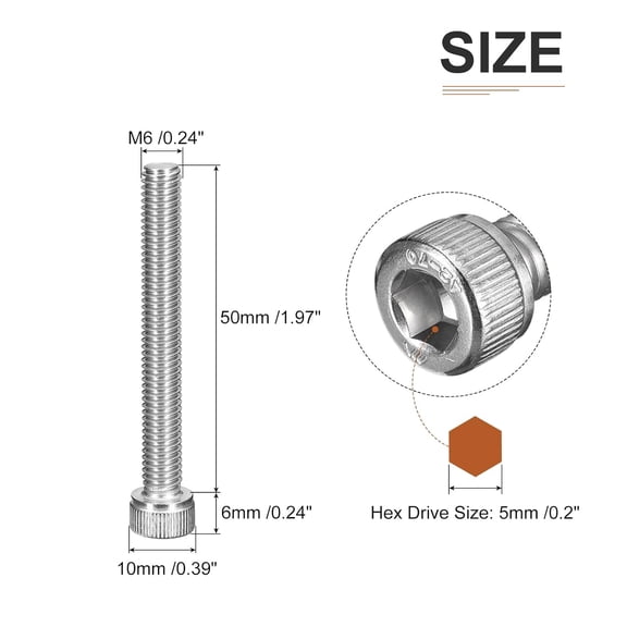 GHRTGR-M6x50mm Socket Head Cap Screws Bolts, 10Pcs 304 Stainless Steel 18-8, Metric Machine Hex Socket Screw, Hex Drive, Bright Finish, UNC Coarse Thread Fully Threaded