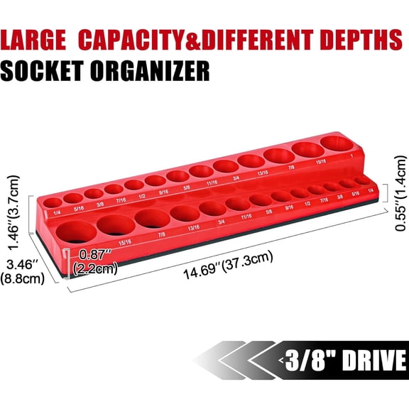 GHRTGR-Magnetic Socket Organizer 2-Piece Magnetic Socket Holder 3/8 Inch Drive Metric SAE Trays Tool Storage Set Magnet Rail Holds 56 Sockets for Tool Box Drawer