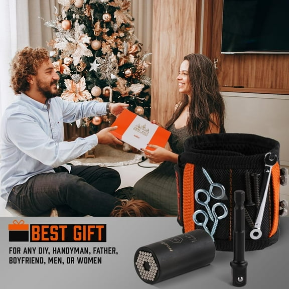 GHRTGR-Magnetic Wristband & Universal Socket Grip (7-19mm), Tools Gifts for Dad with Strong Magnets for Holding Screws, Nails, Drilling Bits, DIY, Tool Gift for Men