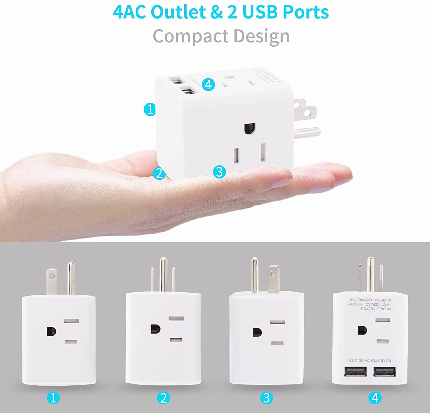 GHRTGR-Multi Plug Outlet Extender with 2 USB and 4 AC Sockets, Wonplug ...