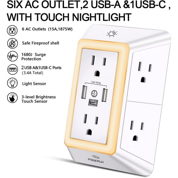GHRTGR-Multi Plug Outlet Surge Protector - 6 Outlet Extender with 3 USB Ports (1 USB C) and Night Light, 3-Sided Power Strip with Adapter Spaced Outlets - White, ETL Listed