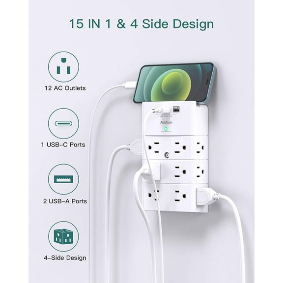 GHRTGR-Multi Plug Outlet - Surge Protector Wall Mount with 12 Outlet Extender- 3 Sides and 3 USB Ports (1 USB-C), Outlet Splitter Power Strip for Home, Office, Hotel, White