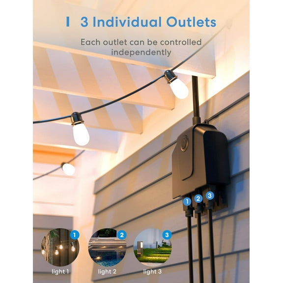 GHRTGR-Outdoor Smart Plug, IP44 Waterproof Wi-Fi Outlet with 3 Independent Sockets, Compatible with Alexa, Google Home, and SmartThings, Voice & Remote Control, Timer, FCC and ETL Certified Black