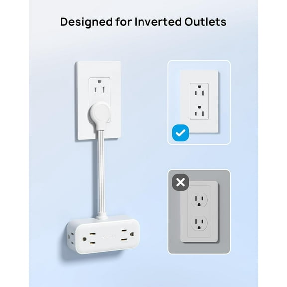 GHRTGR-Outlet Extender with 6 Inch Cord, Flat Plug Adapter for Inverted Sockets, 4 Electrical Sockets, 4 USB Ports, Multi Plug Wall Outlet for Home Travel, Cruise Ship Essentials, White