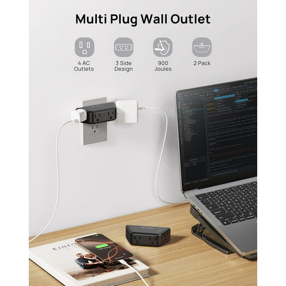 GHRTGR-Outlet Extender Surge Protector 2 Pack - Multi Plug Wall Outlet with 4 Grounded Sockets, Angled Wall Plug Splitter, 900J, Multiple Adapter for Home Office Travel Dorm Room, Black