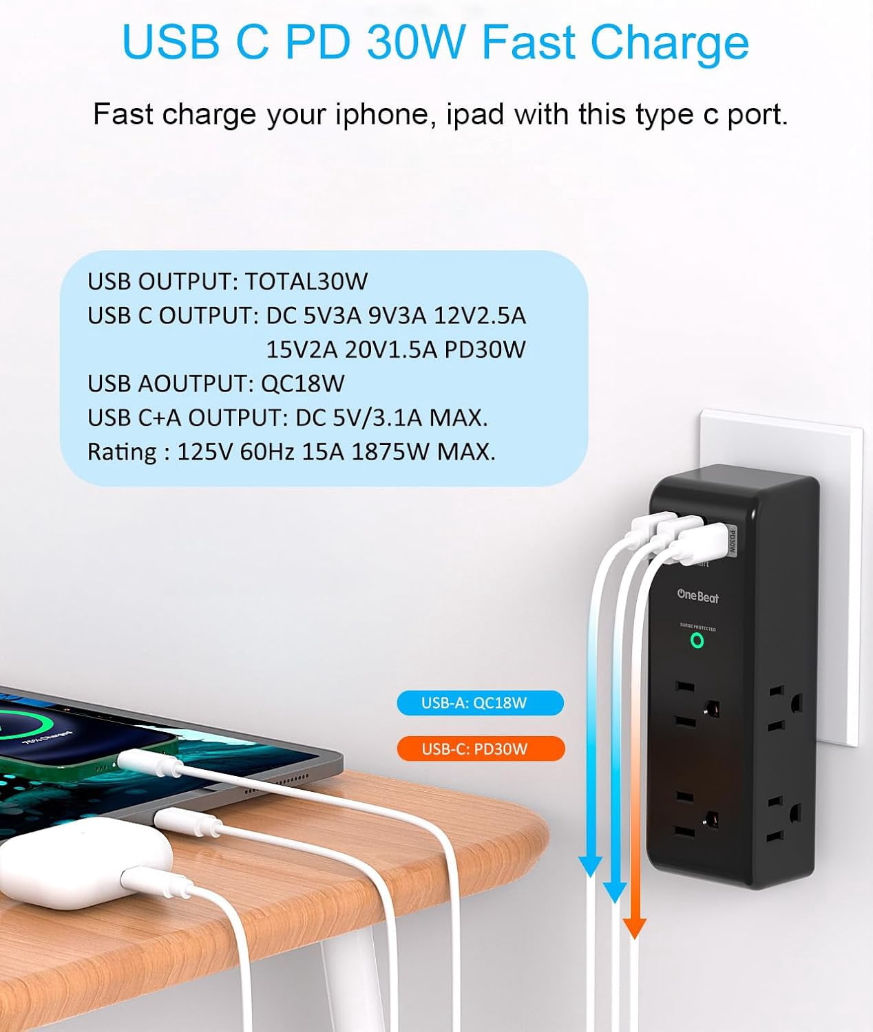 GHRTGR-PD 30W Surge Protector Outlet Extender, Rotating Plug, 6 AC ...