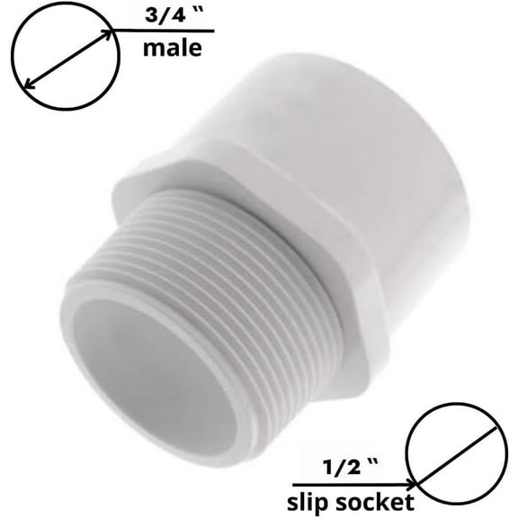 GHRTGR-PVC Pipe Reducer Fitting - 3/4 Inch MNPT Male x 1/2 Inch Slip Socket - Sch 40 PVC Male Adapter - White