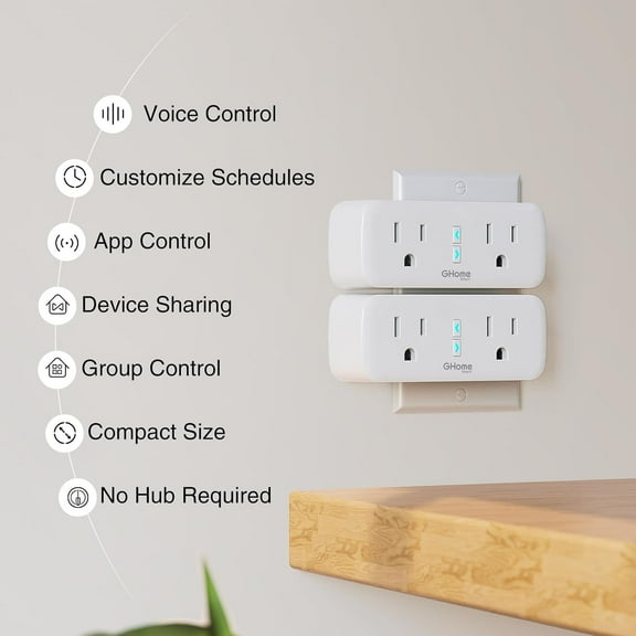 GHRTGR-Plug, 15A WiFi Smart Outlet Compatible with Alexa & Google Home, Smart Surge Protector with Remote Control & Timer, Dual Sockets, No Hub Required, 2.4GHz WiFi Only, White, 2 Pack