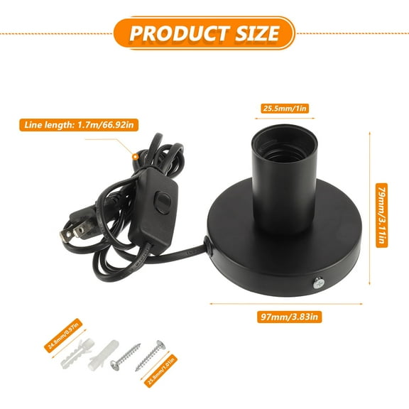 GHRTGR-Polished Metal Desktop Lamp Base, E26 E27 Screw Light Socket Edison Bulb Holder Base, Small Industrial Table Lamp Base Only, 6ft Cord On/Off Switch US Plug (Black,2 Pack)