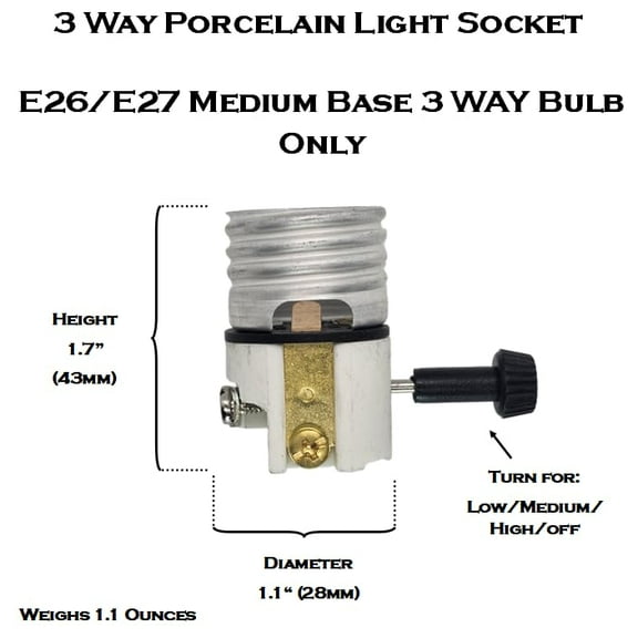 GHRTGR-Porcelain 3-Way Lamp Socket Replacement, UL Listed Turn Switch Knob (Low/med/hi/Off) Incandescent Lamp Holder (Needs 3 Way Bulb)