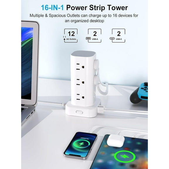 GHRTGR-Power Strip Tower with Multiple Outlets, Flat Plug Surge Protector Tower Extension Cord with 12 AC Outlets 4 USB Ports (2 USB C), 6FT Cord Power Tower Surge Protector for Home Office Dorm Room
