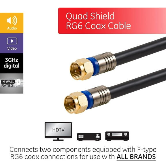 GHRTGR-RG6 Coaxial Cable, 50 ft. F-Type Connectors, Quad Shielded Coax Cable, 3 GHz Digital, In-Wall Rated, Ideal for TV Antenna, DVR, VCR, Satellite, Cable Box, Home Theater, Black, 33532