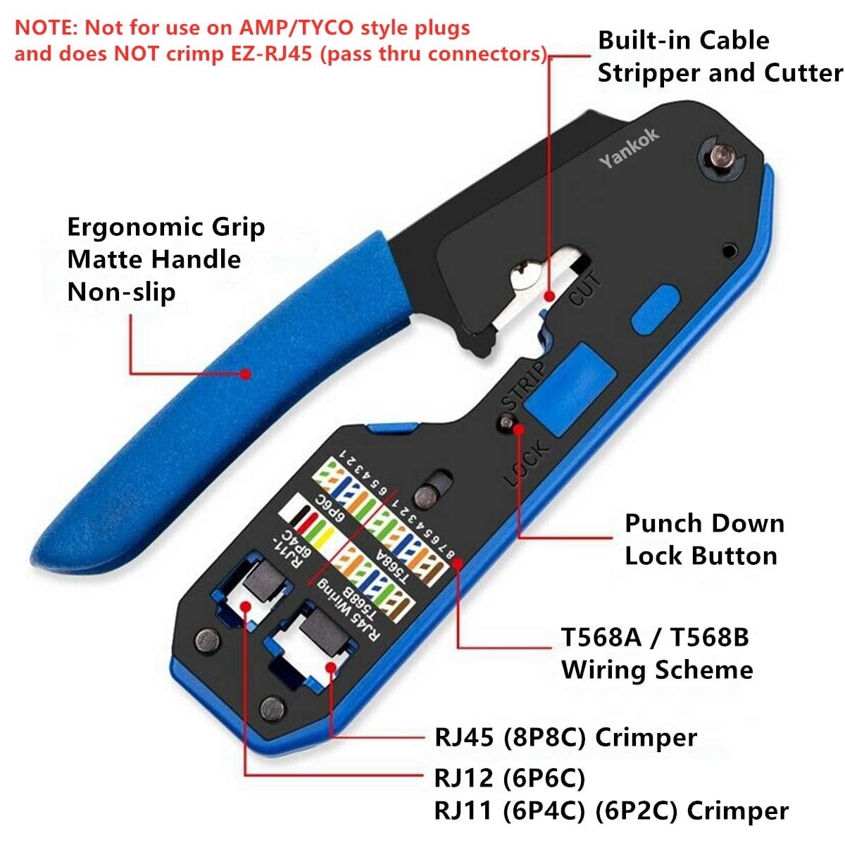 Yankok All-in-One Network Crimper Tool - Crimps RJ45, RJ12, RJ11 & Includes Cable Stripper, Cutter, & Tester