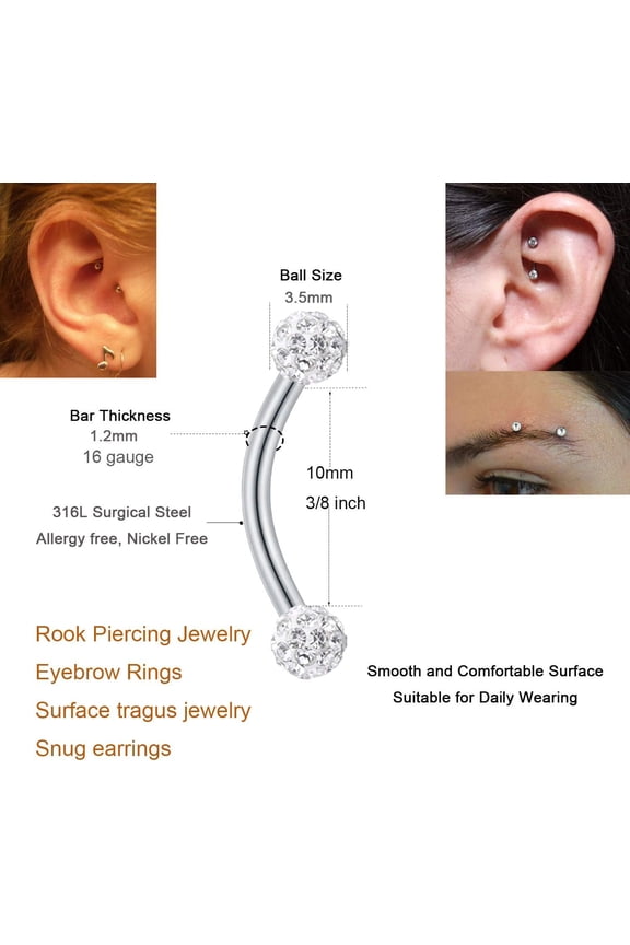 GHRTGR-Rook Piercing Jewelry Rook Earrings for Women Eyebrow Rings Surgical Steel Vertical Labret Jewelry 16g 14g Curved Barbell Snug Daith Surface Tragus Piercing Jewelry Silver Gold