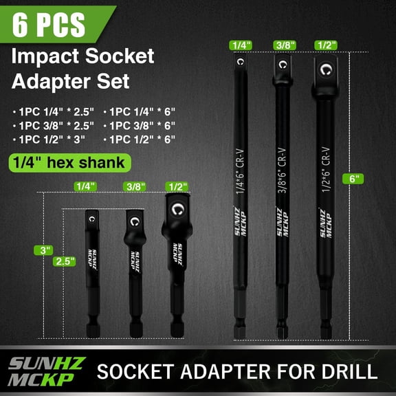 GHRTGR-SUNHZMCKP 6-Piece Impact Grade Socket Adapter Set, 3" & 6" Extension Bit with Holder, 1/4-Inch Hex Shank Extension To 1/4", 3/8" and 1/2" Drive, Adapt Your Power Drill To High Torque Impact Wr