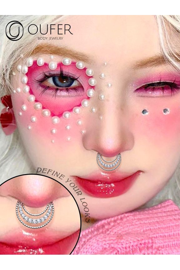 GHRTGR-Septum Rings 16G, Three Rows Paved Shiny Clear CZ Septum Jewelry, 316L Stainless Steel Septum Piercing Jewelry, Helix Cartilage Conch Daith Piercing Jewelry For Women And Men