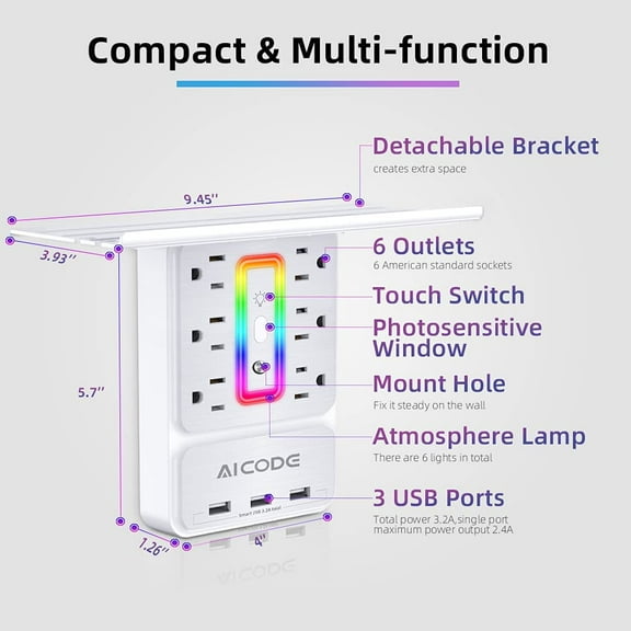 GHRTGR-Socket Outlet Shelf,Wall Outlet Surge Protector,6 Electrical Outlet Splitter with 3 USB Outlet,Multi Plug Outlet,Charging Shelf,Outlet Expander with 6 Nightlight for Home