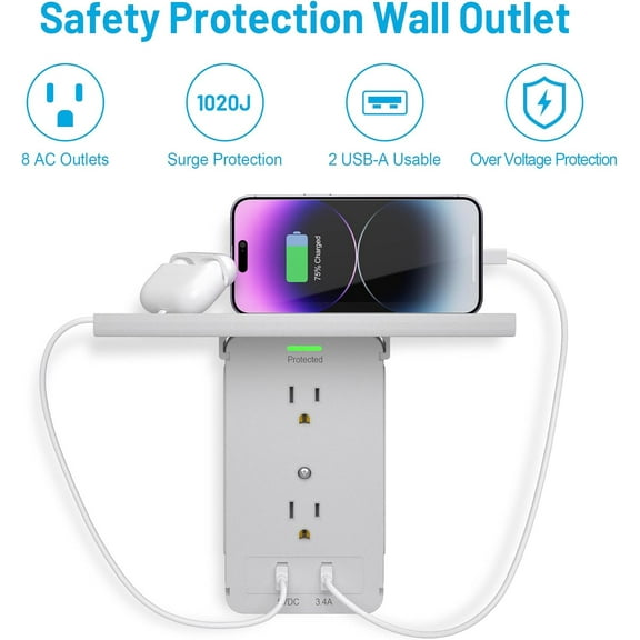 GHRTGR-Socket Wall Shelf- 10 Port Surge Protector Wall Outlet, 8 Electrical Outlet Extenders and 2 USB Ports 2.4A, with Removable Built-In Shelf, FCC Listed (1, Gray)