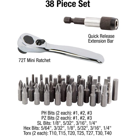 GHRTGR-Sunex 9726 Mini Ratchet and Bit Set, 1/8-Inch - 1/4-Inch S2 Bits, 5/64-Inch - 1/4-Inch hex bits, 38-Piece Silver