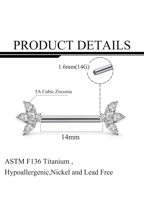 GHRTGR-Titanium Internally Threaded Nipple Piercing Jewelry Ring CZ Opal Triangle Tongue Rings Straight Barbell Body Piercing Jewelry for Women Men 14G 14MM With Straight Piercing Taper