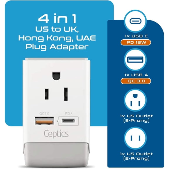 GHRTGR-UK Ireland Hong Kong Plug Adapter, International Power Plug with USB & USB-C - 2 USA Socket, QC 3.0 & PD - Type G Outlet Adapter for USA to British England Scotland London - Fast Charging
