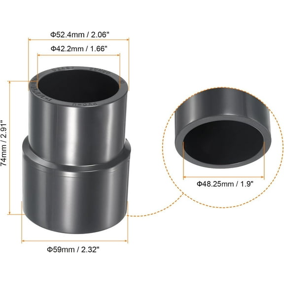 GHRTGR-UPVC Reducer Pipe Fitting 1-1/2" x 1-1/4" Socket Schedule 80, Straight Coupling Adapter Connector, Gray