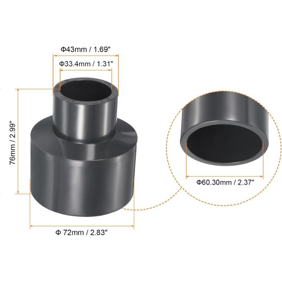 GHRTGR-UPVC Reducer Pipe Fitting 2" x 1" Socket Schedule 80, 3 Pack Straight Coupling Adapter Connector, Gray