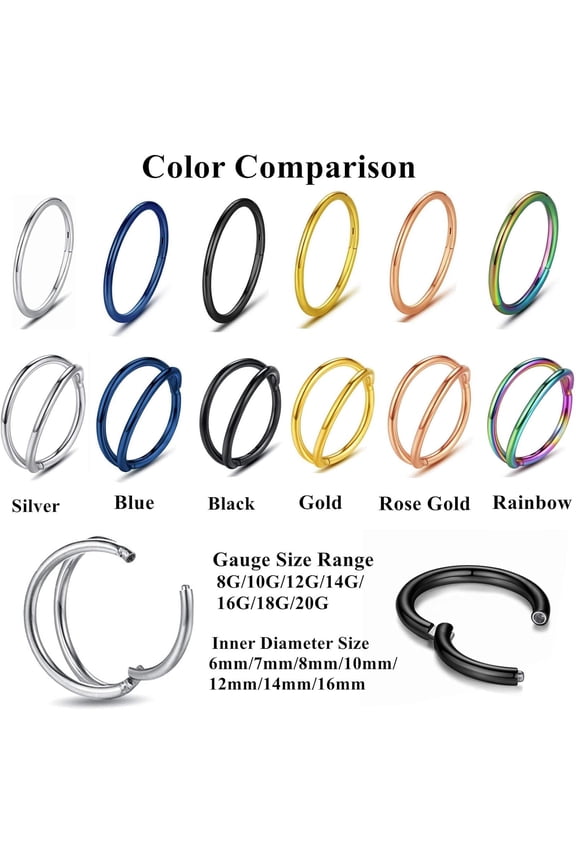 GHRTGR-YROGCU Nose Ring Lip Septum Earring-Clicker: Double/Triple Ring Open Stacked Ring 14G/16G/18G/20G 6mm/8mm/10mm/12mm 316L Surgical Steel Sleeper Earring Helix Rook Conch Cartilage Daith Tragus