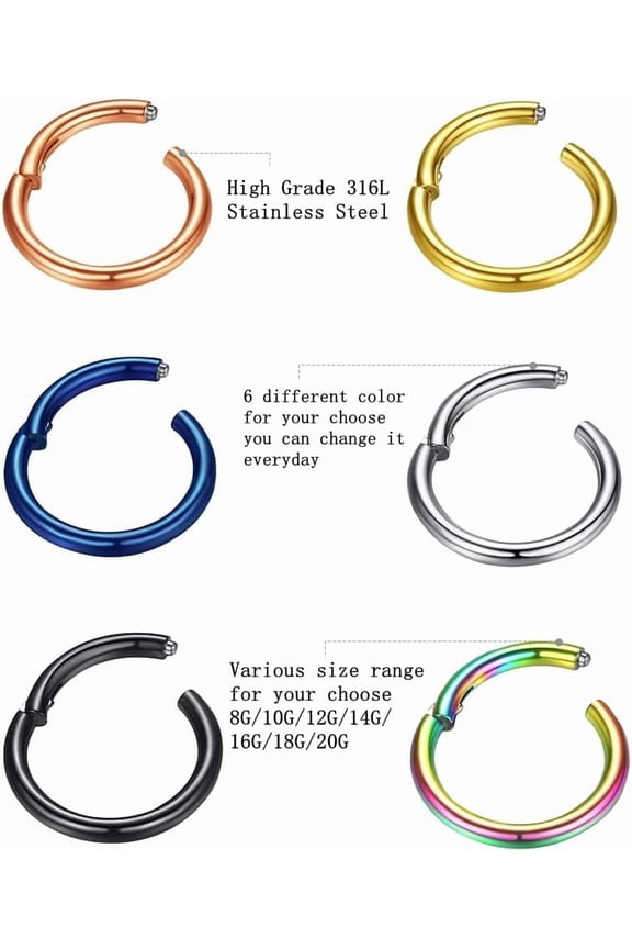 GHRTGR-YROGCU Nose Ring Lip Septum Earring-Clicker: Double/Triple Ring Open Stacked Ring 14G/16G/18G/20G 6mm/8mm/10mm/12mm 316L Surgical Steel Sleeper Earring Helix Rook Conch Cartilage Daith Tragus