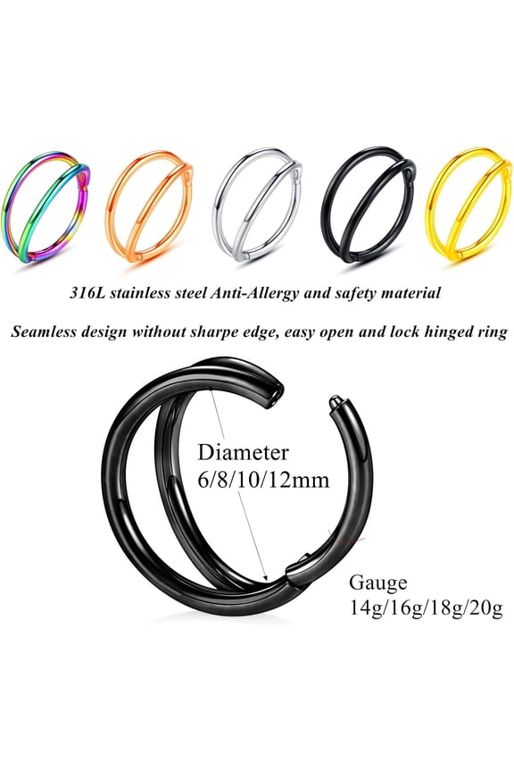 GHRTGR-YROGCU Nose Ring Lip Septum Earring-Clicker: Double/Triple Ring Open Stacked Ring 14G/16G/18G/20G 6mm/8mm/10mm/12mm 316L Surgical Steel Sleeper Earring Helix Rook Conch Cartilage Daith Tragus