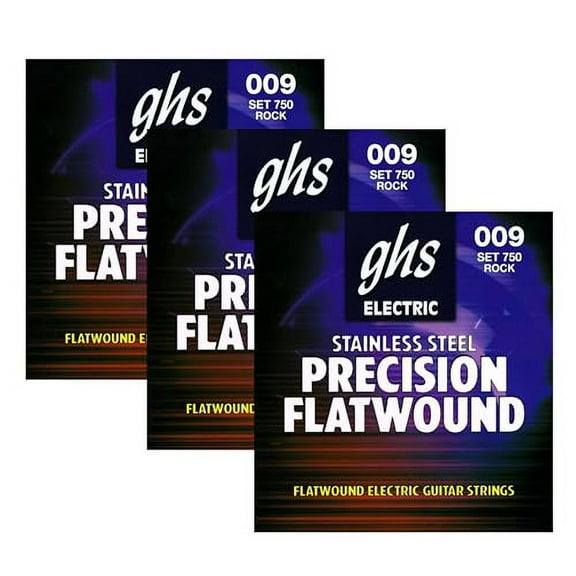GHS PRECISION FLATS Flatwound String Set For Electric Guitar - 750 - Rock - Ultra Light 9-42 - Pack of 3