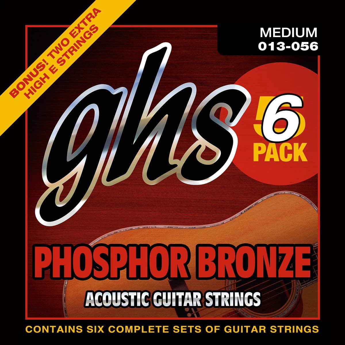 GHS Strings S335-5 Phosphor Bronze Acoustic Guitar Strings, Medium, 6 Pack (.013-.056)