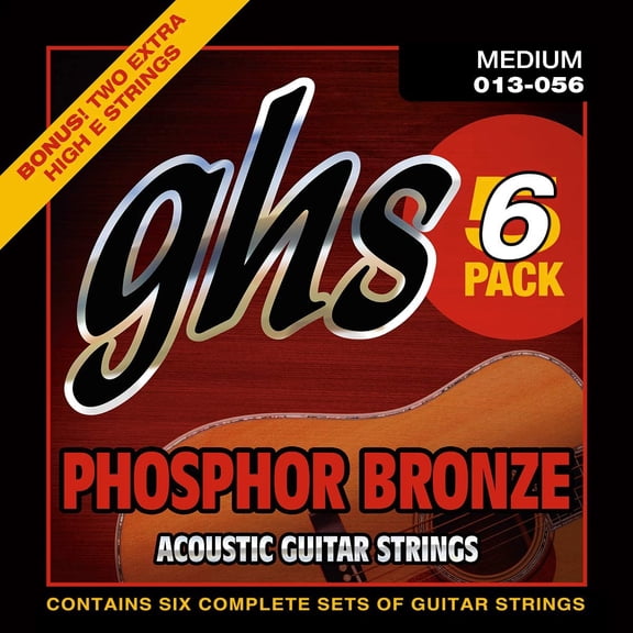 GHS Strings S335-5 Phosphor Bronze Acoustic Guitar Strings, Medium, 6 Pack (.013-.056)