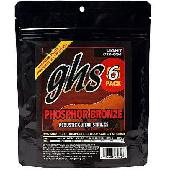 GHS Strings S325-5 Phosphor Bronze Acoustic Guitar Strings, Light, 6 Pack (.012-.054)