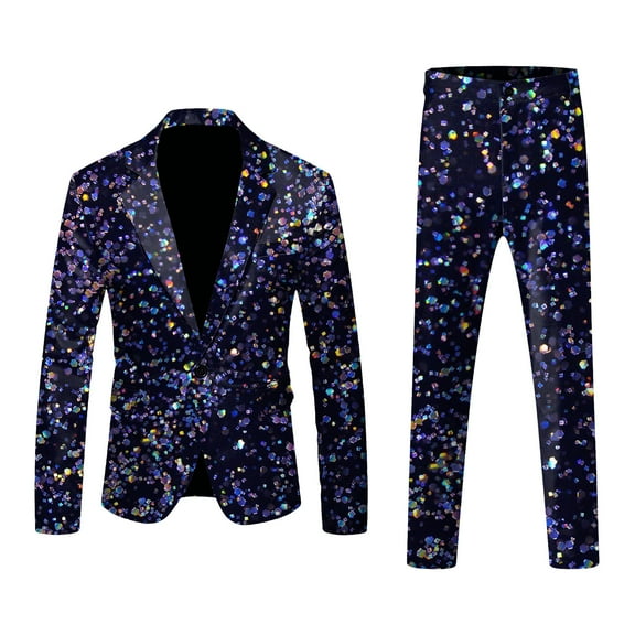 GHSOHS 80S Outfit for Men Suits for Men Men's Carnival 2 Pieces Suit Gradient Sequins Lapel Button Tuxedo Suit Long Sleeved Suit Funny Printed Casual Business Blazer Jacket Pants Set Sweatsuits