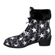 GHSOHS Ankle Boots for Women Large Size Star Print Heel Work Boots Fashion Non Slip Lace-Up Warm Short Booties Womens Shoes(Black,41)