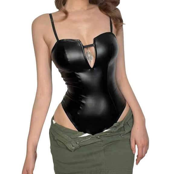 GHSOHS Black Leather Bodysuits for Women Slim Fit Sleeveless Backless Tight Strap Leotards Lingerie Club Party Thong Jumpsuit