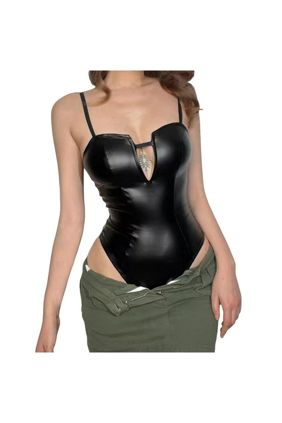 Black Leather Bodysuits for Women Slim Fit Sleeveless Backless Tight Strap Leotards Lingerie Club Party Thong Jumpsuit