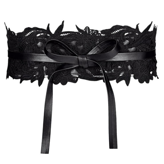 GHSOHS Black Wide Belts for Women Elegant Lace Leather Stretchy Waist Belts for Jeans Pants Dresses Bowknot Tied Waspie Belt Waistband