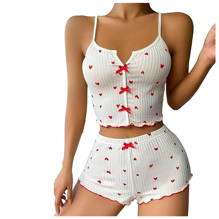 GHSOHS Bow Pajamas for Women Set Ribbed Knit Heart Print Front