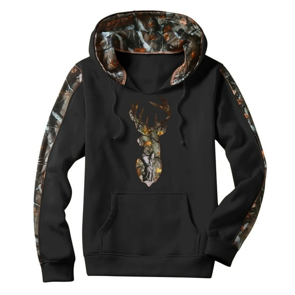 GHSOHS Camo Hoodies for Men Christmas Deer Print Patchwork Long Sleeve Hooded Sweatshirt Casual Sports Pullover Fall Winter Tops (L,Black)