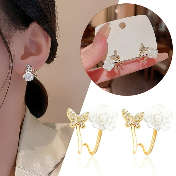 GHSOHS Clip On Earrings Butterfly Flower Earrings Minimalist Piercing Studs Trendy Earrings Gold Earrings Party Jewelry Gift Hypoallergenic Earrings for Women Fashion Earings